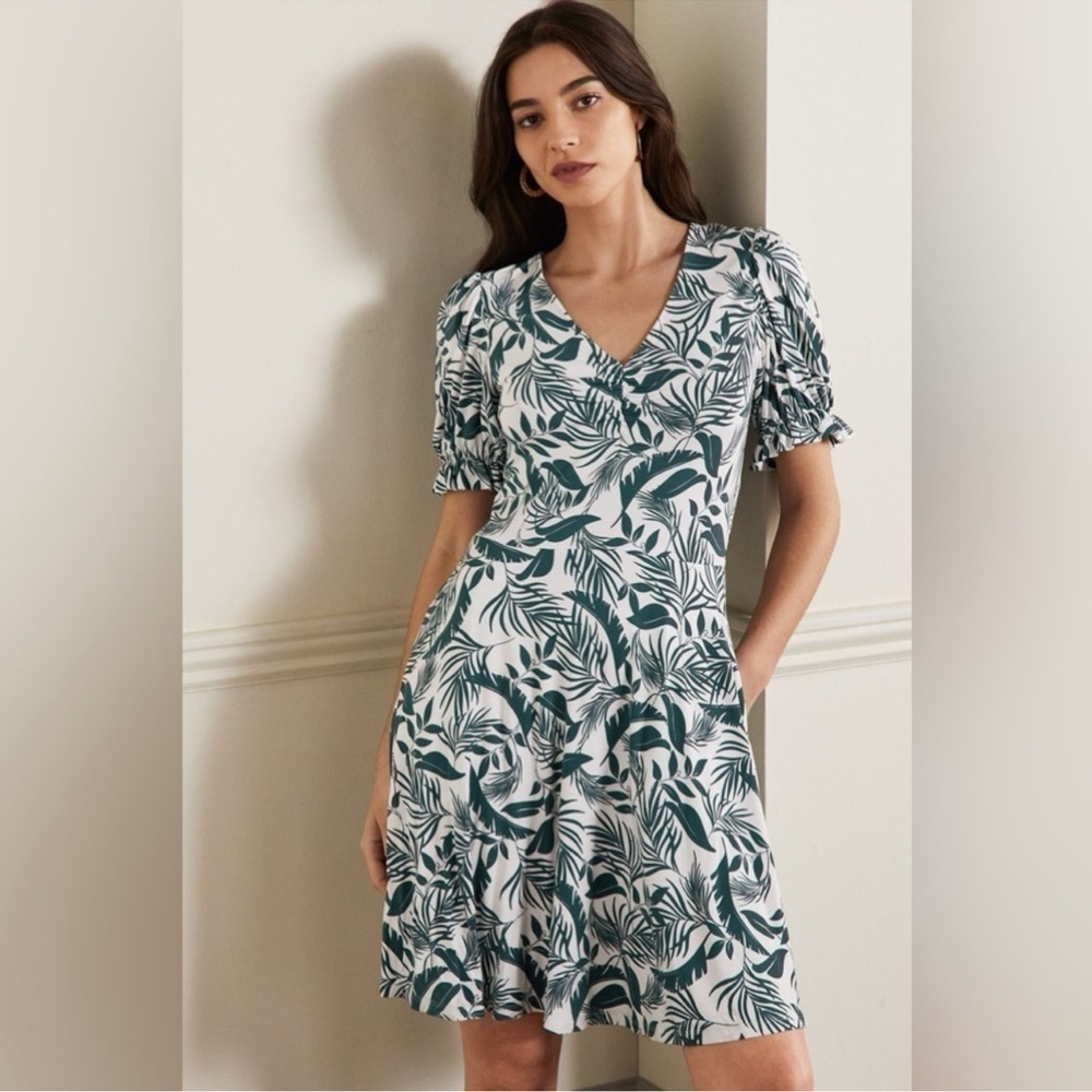 BODEN Green & White Tropical V-Neck Jersey Knee Length Jersey Dress Size 2